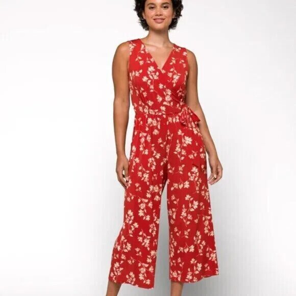 NWT Kaileigh Stitch Fix Sz L Delaney Red White Floral Wide Leg Crop Jumpsuit - Picture 1 of 10